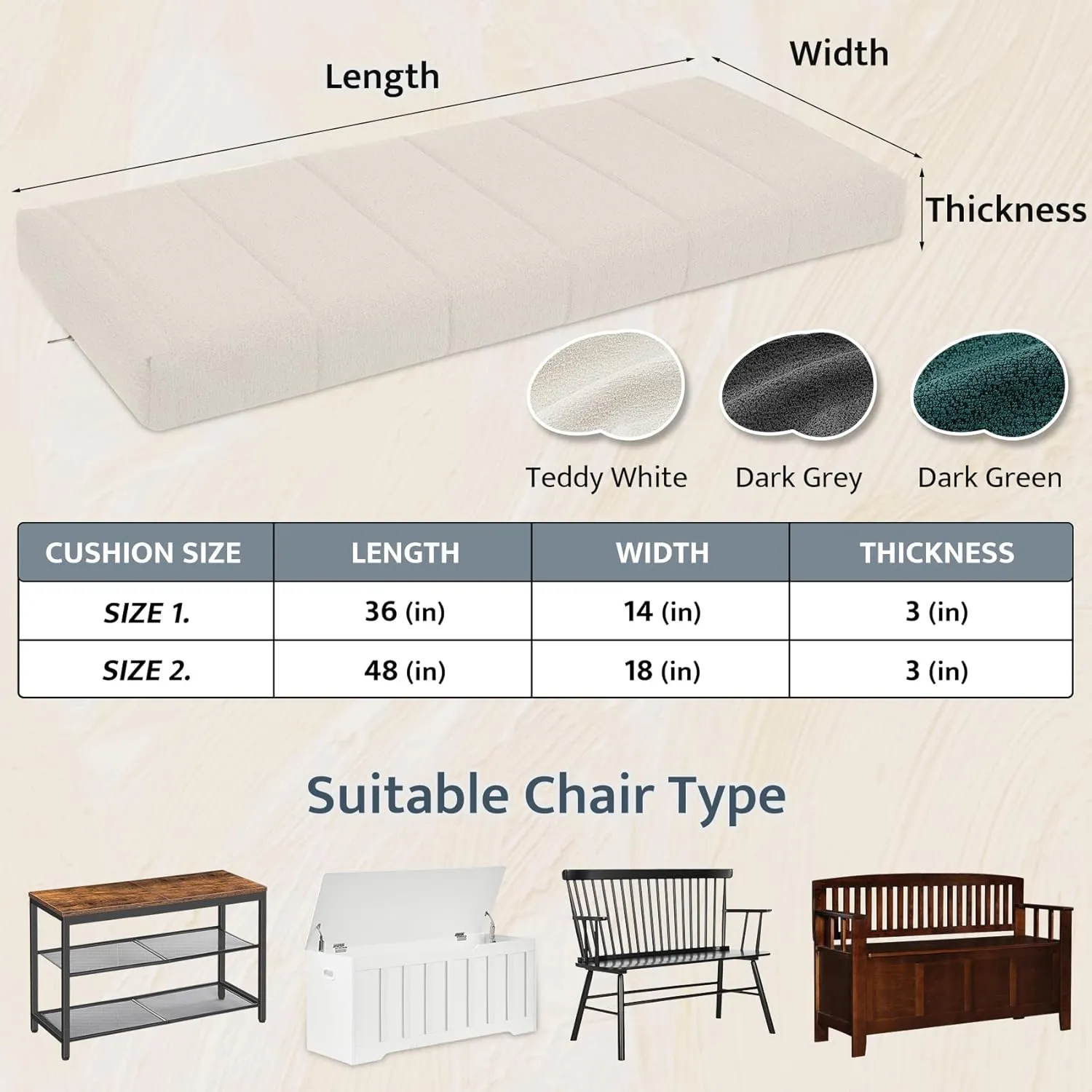 mudilun Bench Cushions for Indoor Furniture Non Slip Window Seat Cushions Indoor 70D High Resilience Sponge Bay Window Cushion Anti-cat Scratch Bench Pads