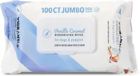 MUHU Vibrant Life Jumbo Deodorizing Wipes for Dogs & Puppies, Vanilla Coconut, 100 Count