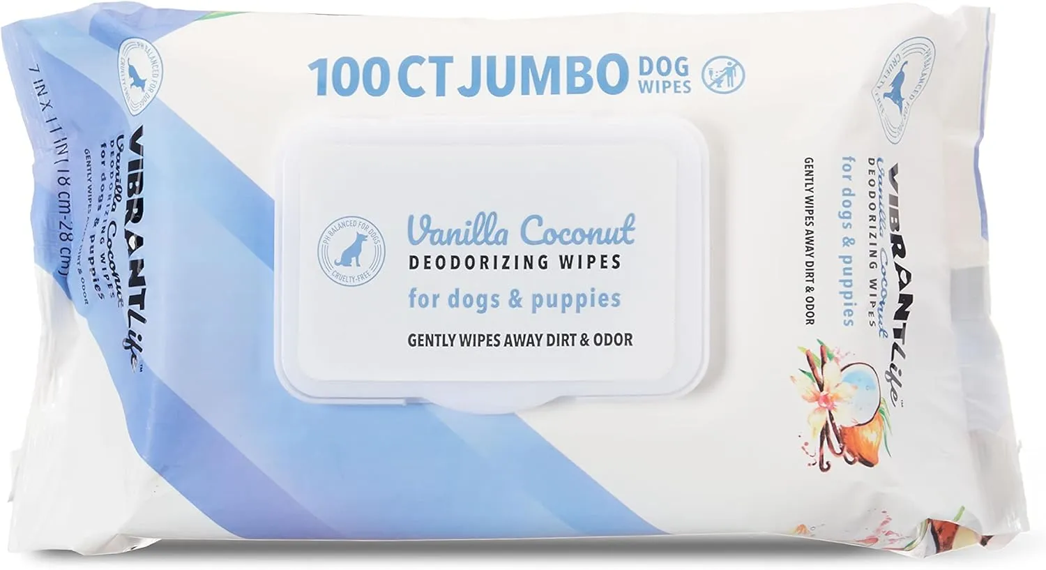 MUHU Vibrant Life Jumbo Deodorizing Wipes for Dogs & Puppies, Vanilla Coconut, 100 Count