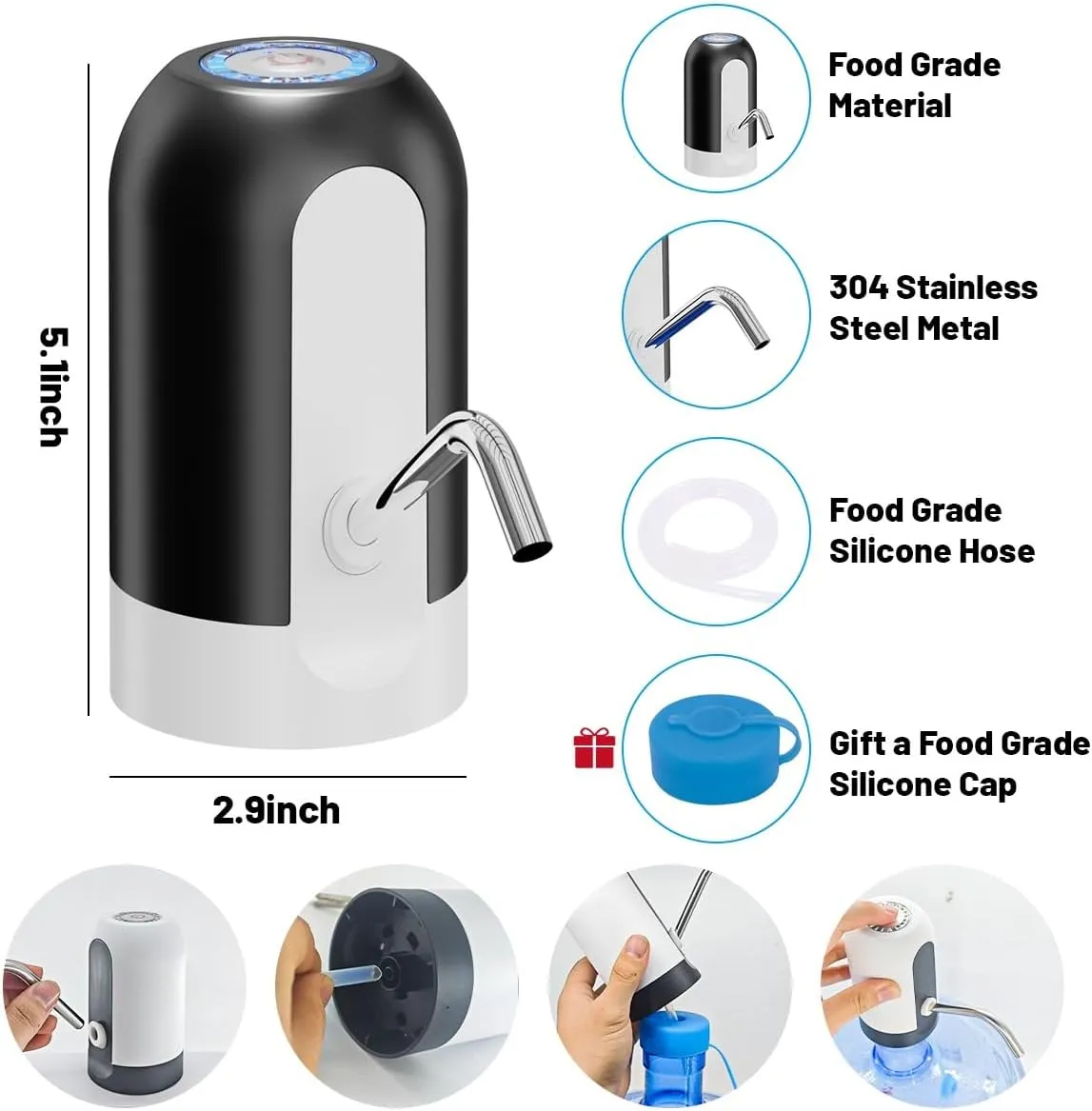 Myvision Water Dispenser for 5 Gallon Bottle, Portable USB Charging Electric Water Pump, Drinking Water Jug Pump for Home, Kitchen, Living Room, Office, Camping, Universal for 3-5 Gallon (Black)