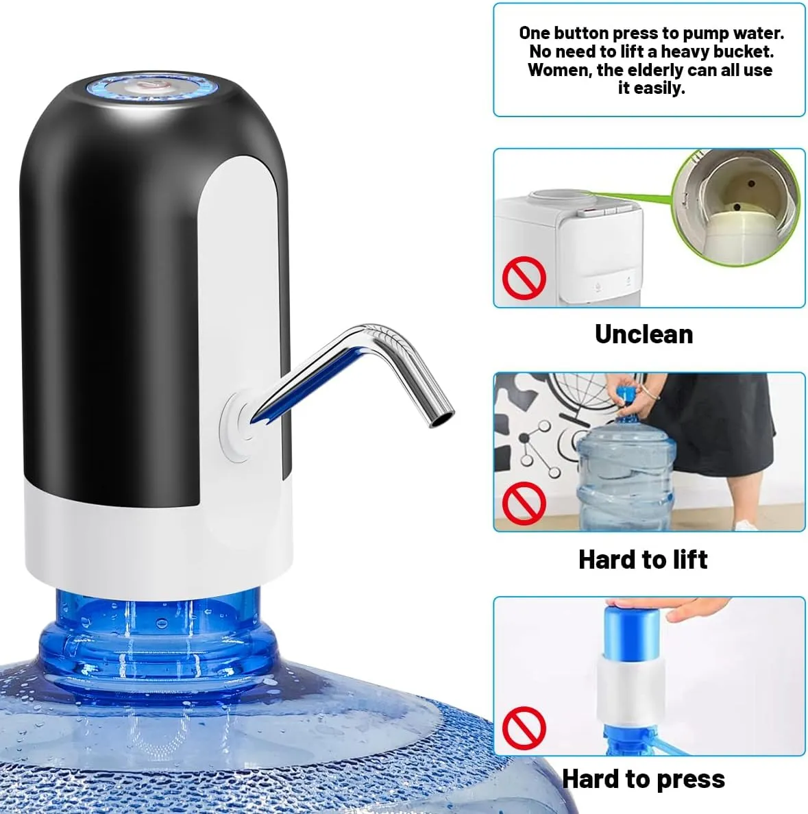 Myvision Water Dispenser for 5 Gallon Bottle, Portable USB Charging Electric Water Pump, Drinking Water Jug Pump for Home, Kitchen, Living Room, Office, Camping, Universal for 3-5 Gallon (Black)