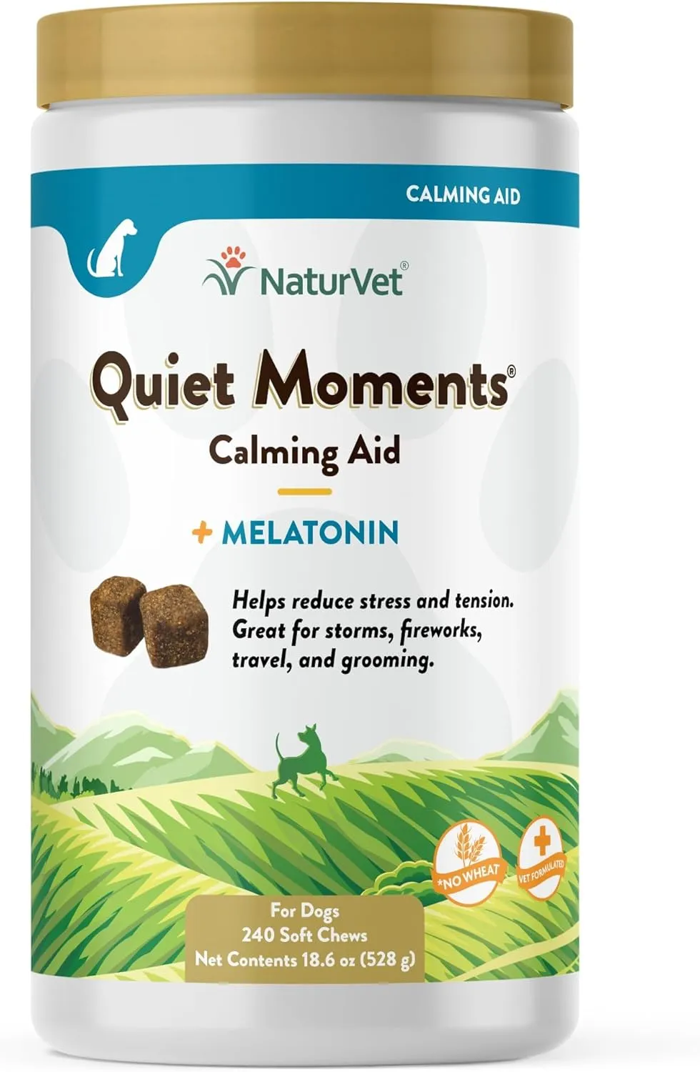 NaturVet Quiet Moments Calming Aid Melatonin Dog Supplement  Helps Reduce Stress in Dogs  for Pet Storm Anxiety, Fireworks, Motion Sickness, Grooming, Separation, Travel  240 Ct. Chews
