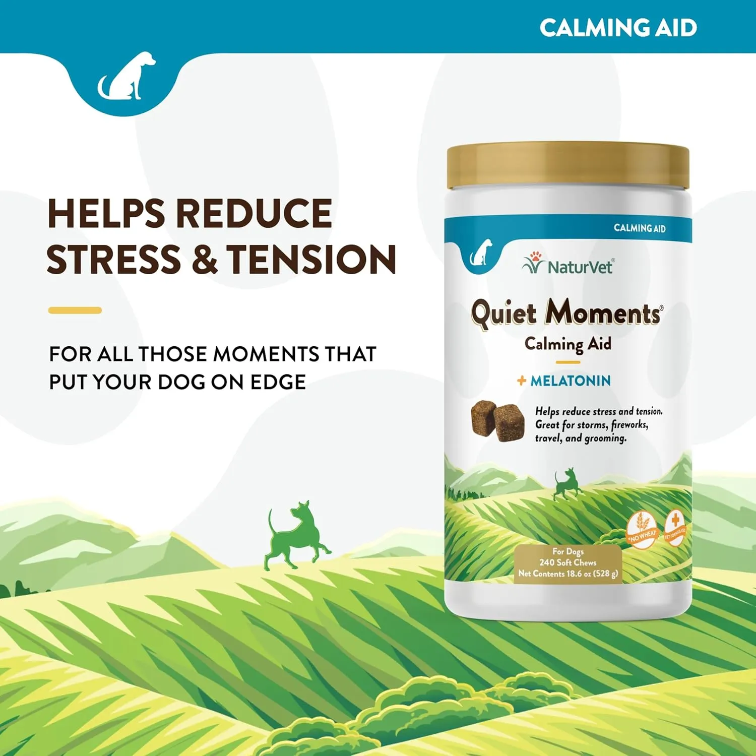 NaturVet Quiet Moments Calming Aid Melatonin Dog Supplement  Helps Reduce Stress in Dogs  for Pet Storm Anxiety, Fireworks, Motion Sickness, Grooming, Separation, Travel  240 Ct. Chews