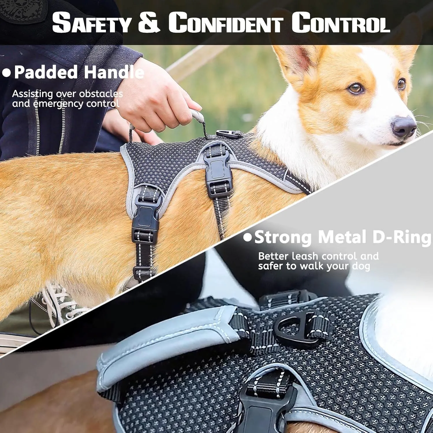 No Escape Dog Harness, Escape Proof Harness, Fully Reflective Harness with Padded Handle, Breathable,Durable, Adjustable Vest for Medium Dogs Walking, Training, and Running Gear (Black, M)