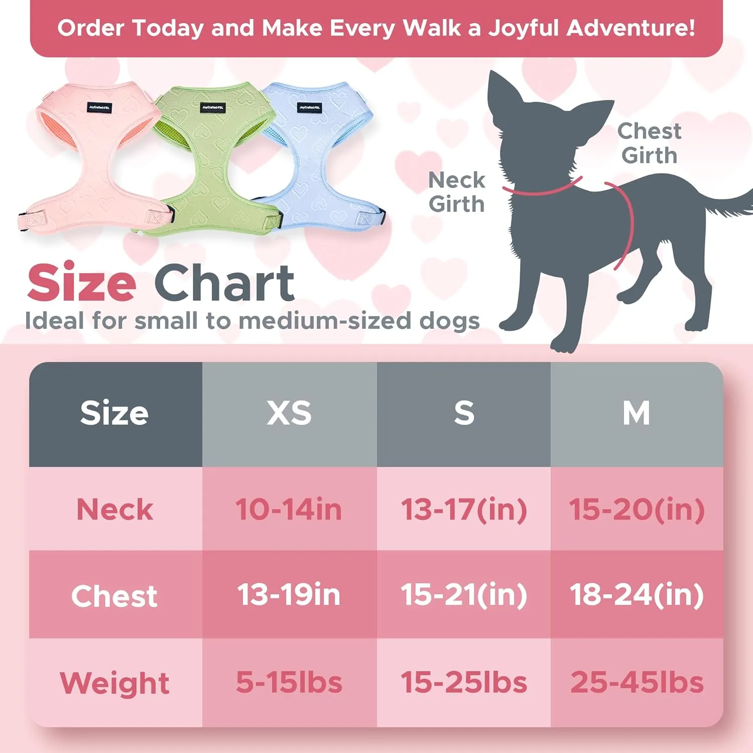 No Pull Puppy Harness and Leash Set  No Choke Neoprene Dog Harness for Small Dogs (1525lbs)  Pink (S), Lightweight Breathable Mesh with Unique Heart Pattern, Adjustable Fit