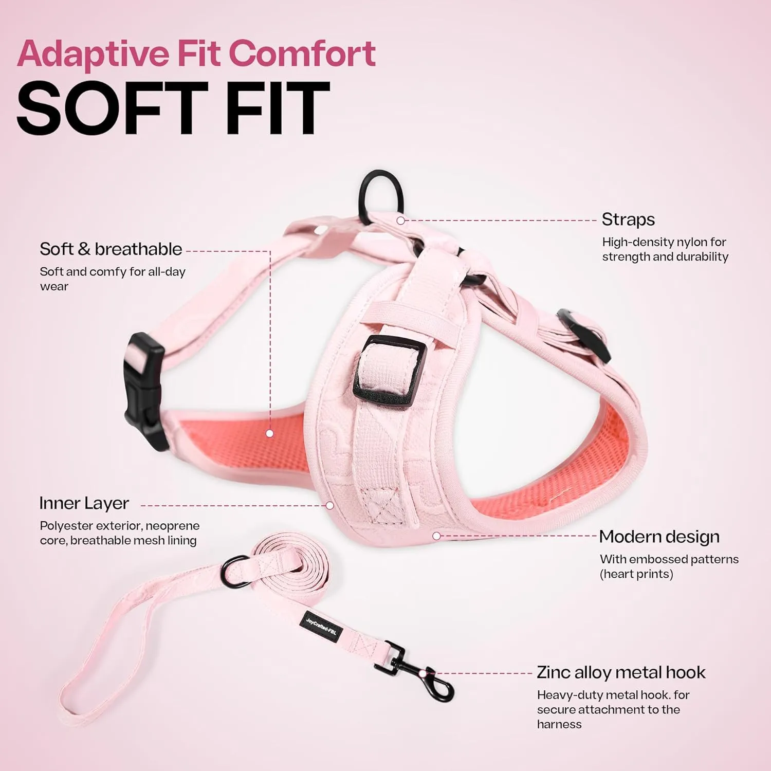No Pull Puppy Harness and Leash Set  No Choke Neoprene Dog Harness for Small Dogs (1525lbs)  Pink (S), Lightweight Breathable Mesh with Unique Heart Pattern, Adjustable Fit