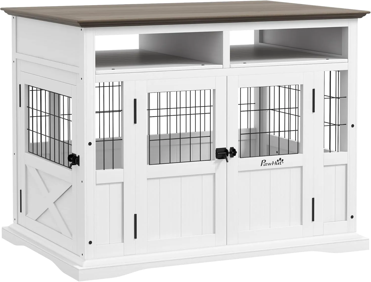 PawHut Dog Crate Furniture Side End Table with Storage, 41" Modern Wooden Dog Kennel Furniture with Double Doors for Small and Medium Dogs, White