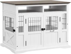 PawHut Dog Crate Furniture Side End Table with Storage, 41" Modern Wooden Dog Kennel Furniture with Double Doors for Small and Medium Dogs, White