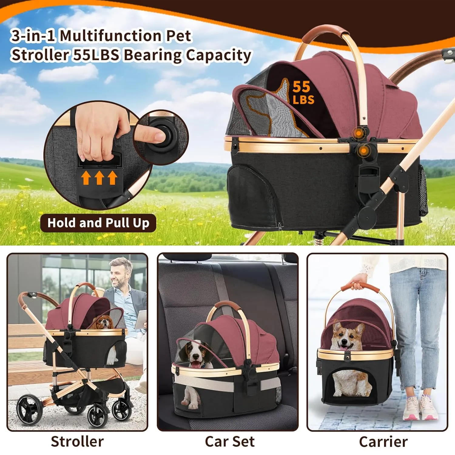 Pet Stroller 3 in 1 Folding Lightweight Dog Stroller with Detachable Carrier & Storage Basket, Premium 4 Wheels Travel for Puppies, Doggies, Kitties (Red)