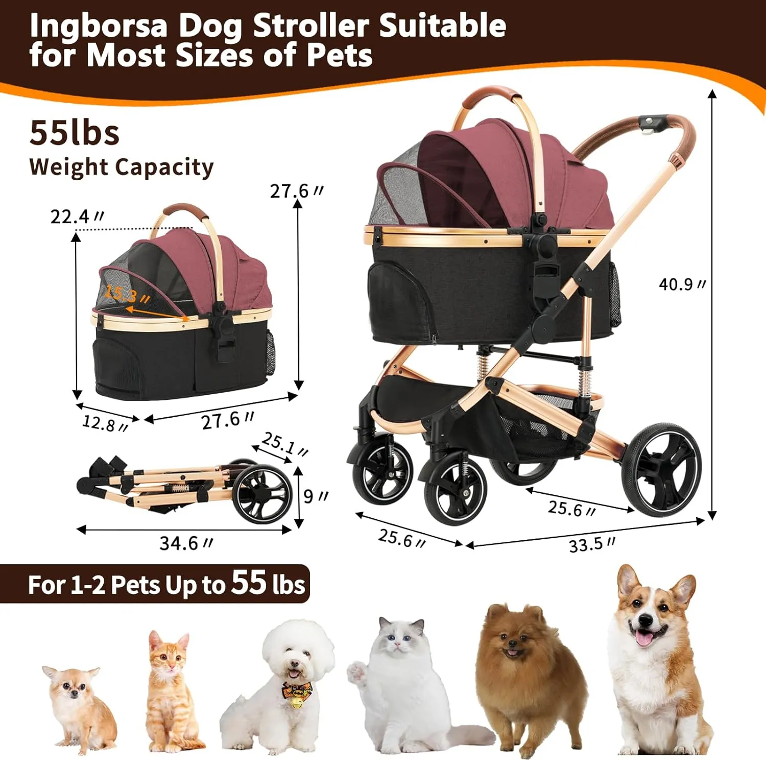 Pet Stroller 3 in 1 Folding Lightweight Dog Stroller with Detachable Carrier & Storage Basket, Premium 4 Wheels Travel for Puppies, Doggies, Kitties (Red)