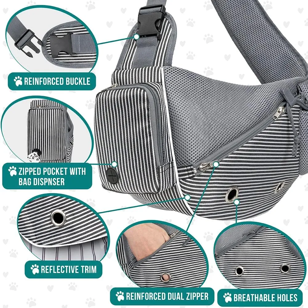 PetAmi Dog Sling Carrier for Small Dogs, Puppy Carrier Sling Purse, Dog Bags For Traveling, Carrying Bag to Wear Medium Cat, Adjustable Crossbody Pet Travel Poop Bag Dispenser, Max 5 lbs, Stripe Black