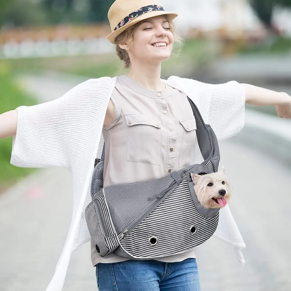 PetAmi Dog Sling Carrier for Small Dogs, Puppy Carrier Sling Purse, Dog Bags For Traveling, Carrying Bag to Wear Medium Cat, Adjustable Crossbody Pet Travel Poop Bag Dispenser, Max 5 lbs, Stripe Black