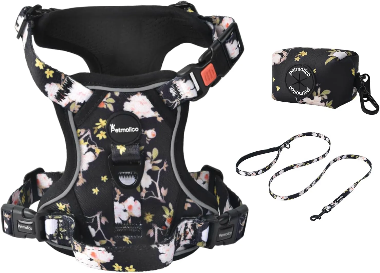 Petmolico No Pull Dog Harness Set, 4 Leash Attchment Easy Control Handle Reflective Vest Dog Harness for Small Breed,Harness and Leash Set with Poop Bag Holder, Small Yellow Peach Blossom