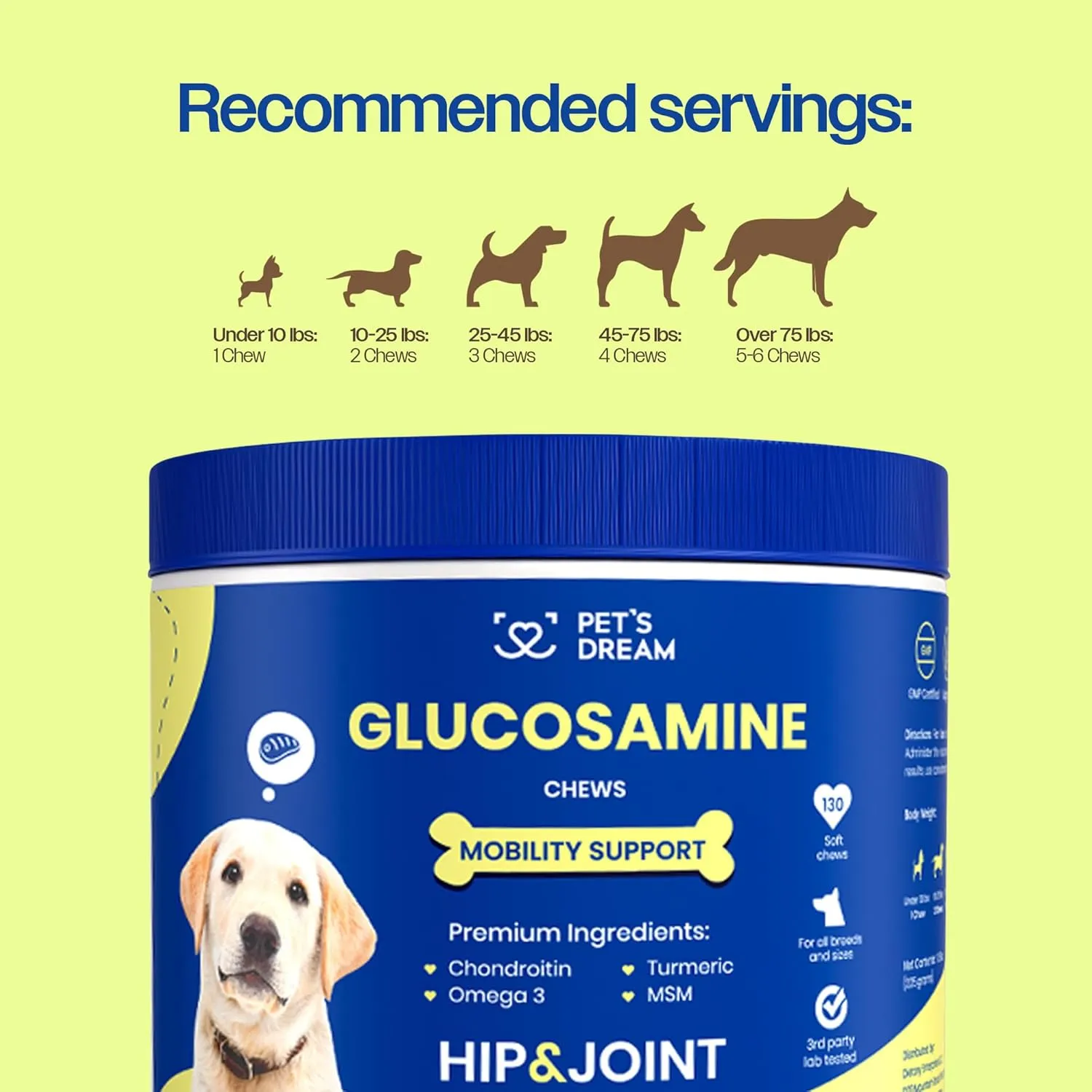PET'S DREAM Hip and Joint Glucosamine for Dogs, Joint Support Supplement for Dogs with Chondroitin & MSM, Dog Hip and Joint Supplement Small & Large Breed, Bacon Flavor, 130 Chews