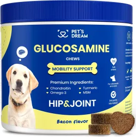 PET'S DREAM Hip and Joint Glucosamine for Dogs, Joint Support Supplement for Dogs with Chondroitin & MSM, Dog Hip and Joint Supplement Small & Large Breed, Bacon Flavor, 130 Chews
