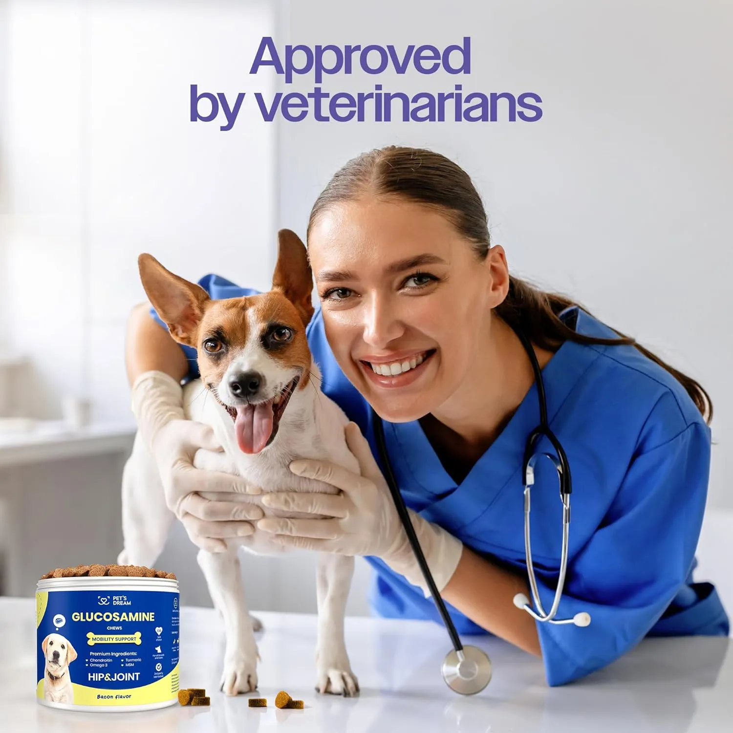 PET'S DREAM Hip and Joint Glucosamine for Dogs, Joint Support Supplement for Dogs with Chondroitin & MSM, Dog Hip and Joint Supplement Small & Large Breed, Bacon Flavor, 130 Chews