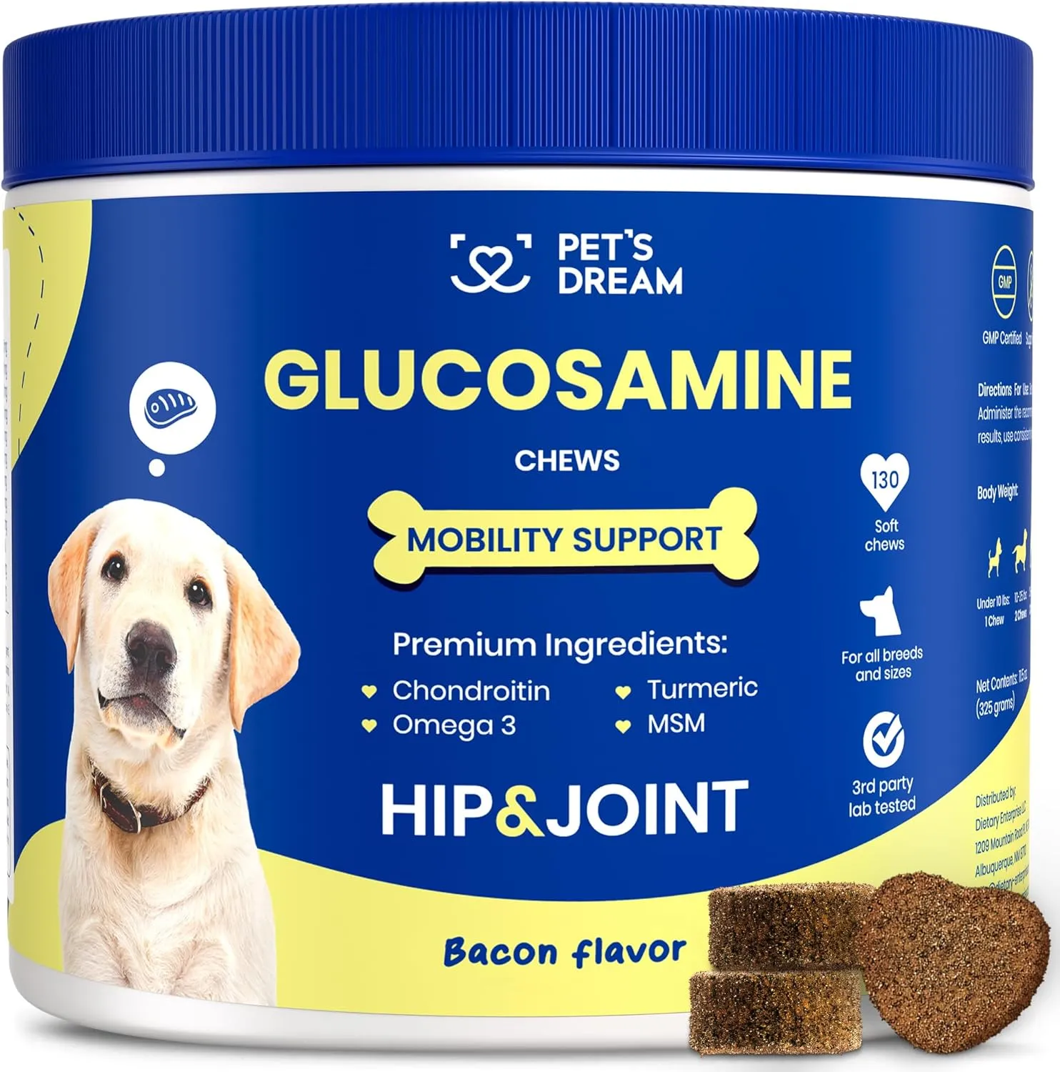PET'S DREAM Hip and Joint Glucosamine for Dogs, Joint Support Supplement for Dogs with Chondroitin & MSM, Dog Hip and Joint Supplement Small & Large Breed, Bacon Flavor, 130 Chews