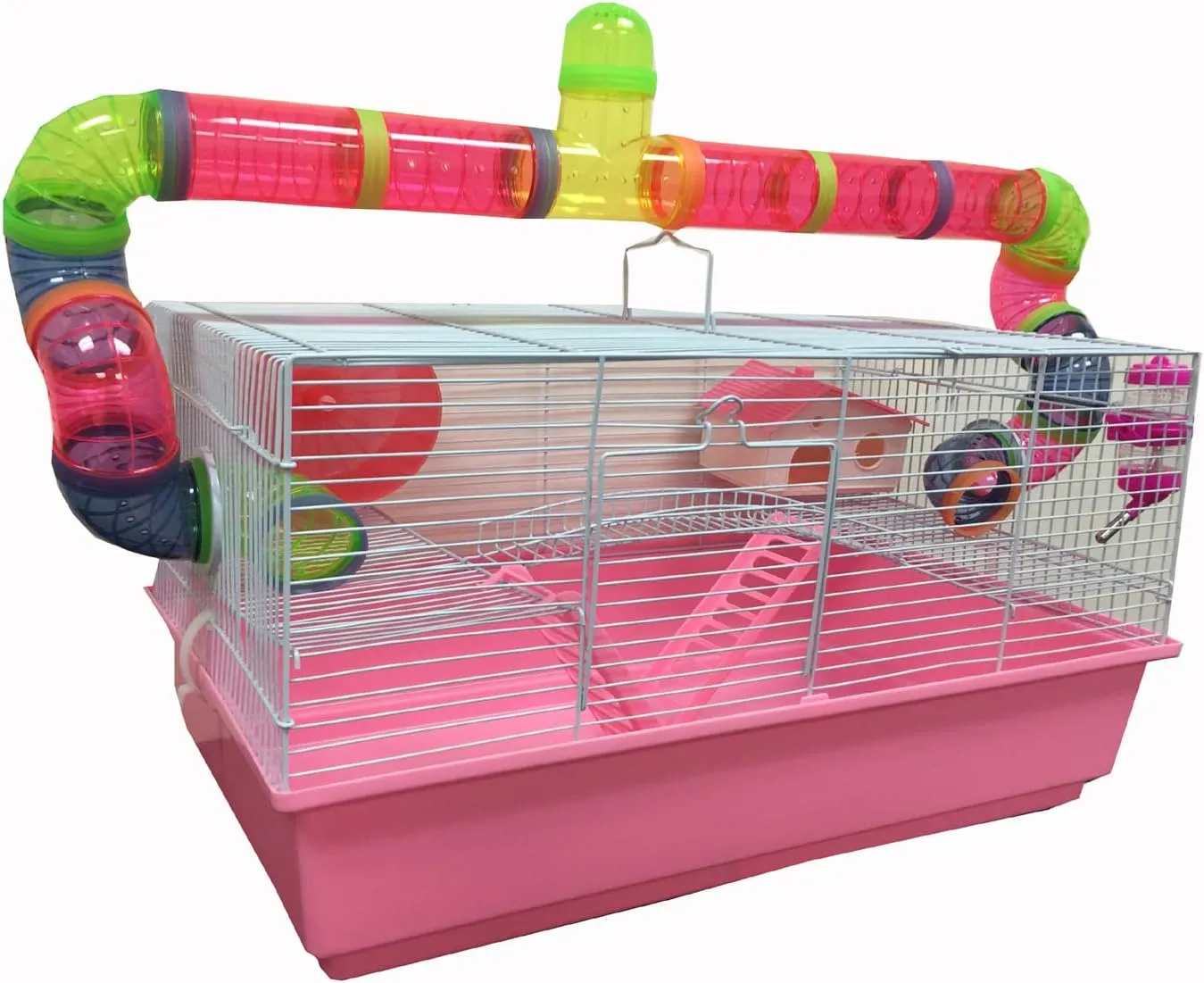 Pink Extra Large 23" Habitat Hamster Rodent Gerbil Mouse Mice Rat Wire Cage Long Crossing Tube & Deep Tray Expandable and Customizable 23.2" L x 14" W x 15.7" H