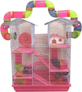 Pink Large Twin Tower Habitat Hamster Rodent Gerbil Mouse Mice Rat Wire Animal Cage Long Crossing Tube