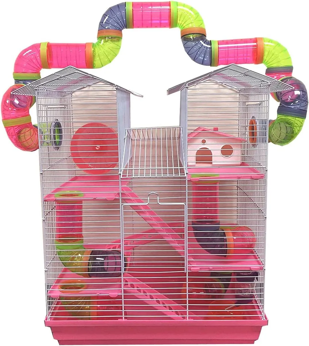 Pink Large Twin Tower Habitat Hamster Rodent Gerbil Mouse Mice Rat Wire Animal Cage Long Crossing Tube