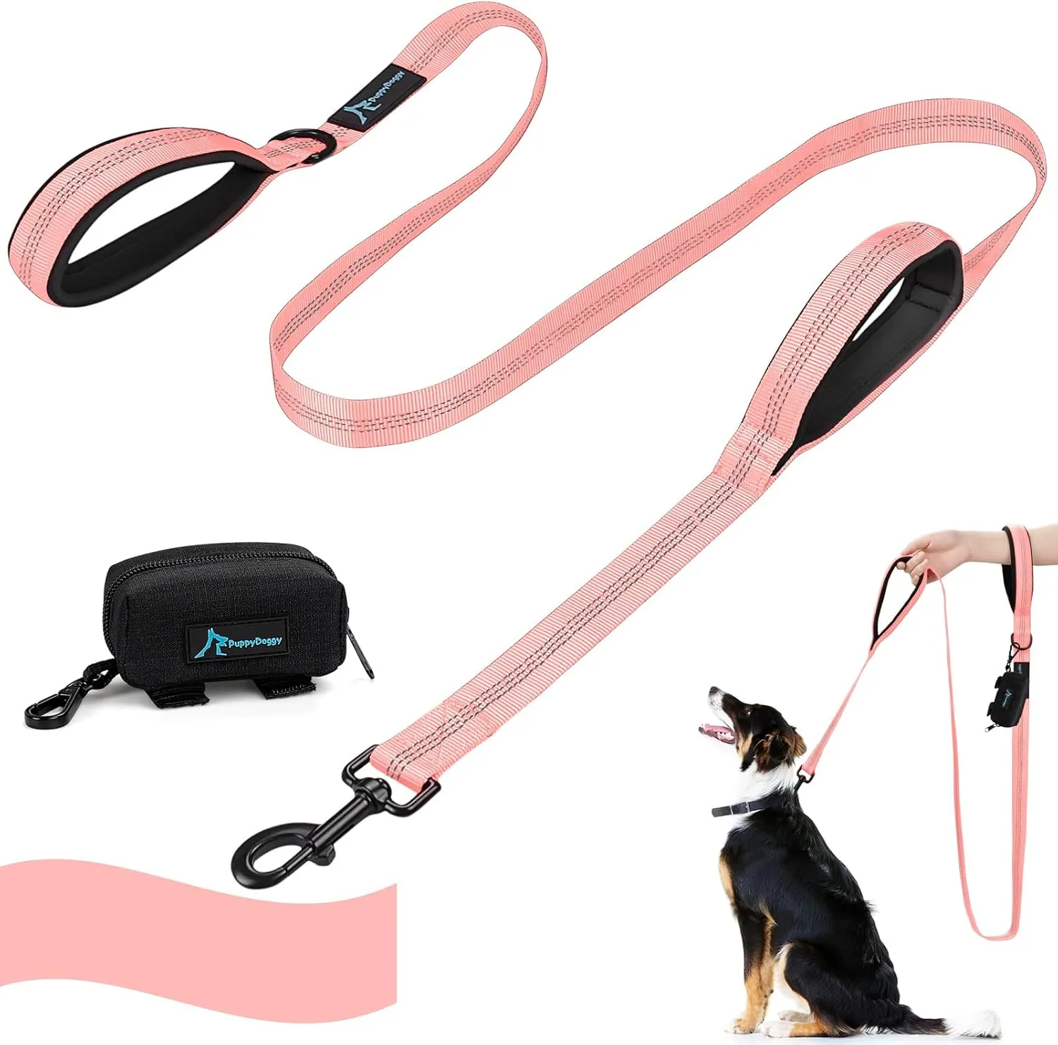 PuppyDoggy Dog Leash for Large Medium Dogs 6Ft x 1" Reflective Stitching Large Leash 2 Traffic Padded Handles Dog Lead Rope with 1 Piece Poop Bag Dispenser Holder for Running Walking Training (Pink)