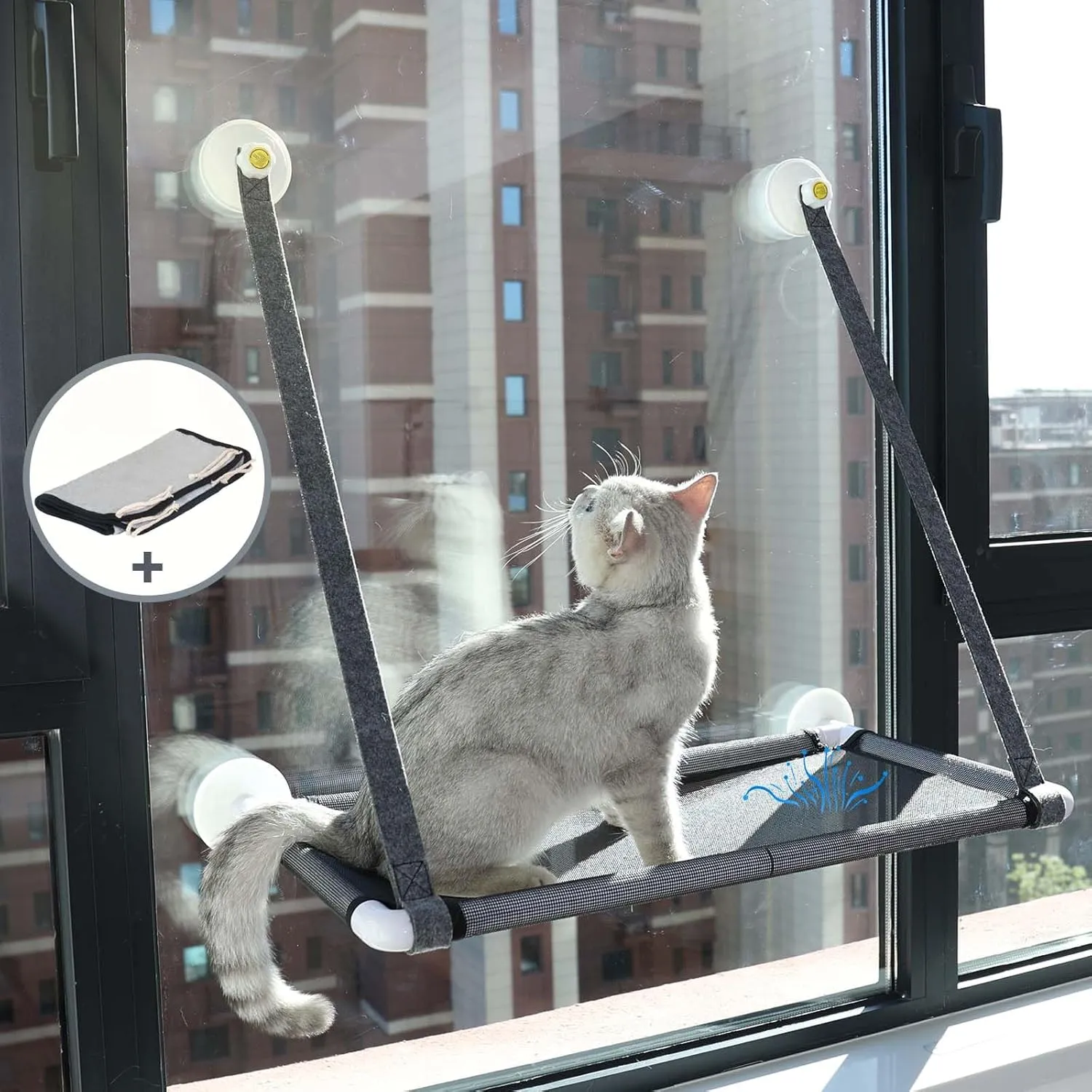 Safety Cat Window Hammock w/Summer Breathable Mesh & Removeable Warm Blanket & Strong Opaque Suction Cups, Space Saving Window Mounted 26*14 XL Cat Perch for Large/Medium/Small Indoor Cats