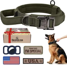 Tactical Dog Collar Adjustable Military Collar: - Nylon K9 Collars with Handle and Heavy Duty Metal Buckle for Medium and Large Dogs with 3 Patches and Airtag Case Holder (L, Militarygreen)