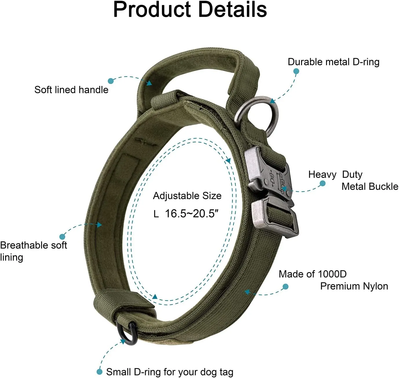 Tactical Dog Collar Adjustable Military Collar: - Nylon K9 Collars with Handle and Heavy Duty Metal Buckle for Medium and Large Dogs with 3 Patches and Airtag Case Holder (L, Militarygreen)