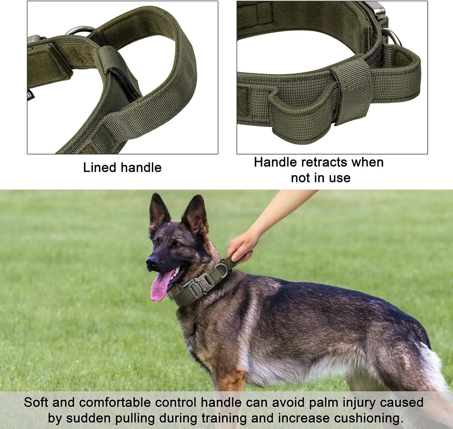 Tactical Dog Collar Adjustable Military Collar: - Nylon K9 Collars with Handle and Heavy Duty Metal Buckle for Medium and Large Dogs with 3 Patches and Airtag Case Holder (L, Militarygreen)