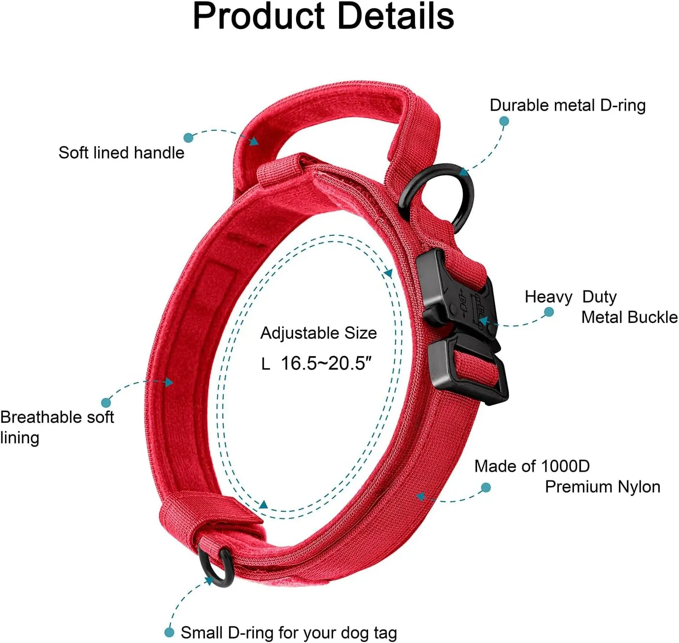 Tactical Dog Collar Adjustable Military Collar: - Nylon K9 Collars with Handle and Heavy Duty Metal Buckle for Medium and Large Dogs with 3 Patches and Airtag Case Holder (Red-Set, L)