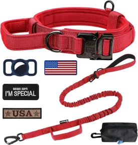 Tactical Dog Collar Adjustable Military Collar: - Nylon K9 Collars with Handle and Heavy Duty Metal Buckle for Medium and Large Dogs with 3 Patches and Airtag Case Holder (Red-Set, L)
