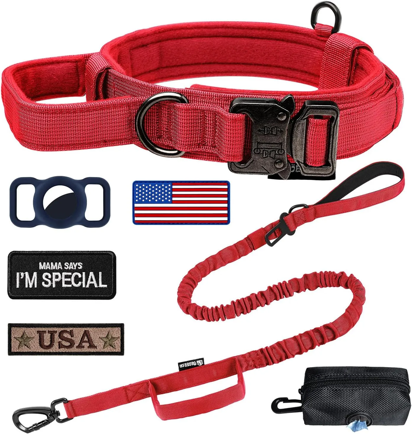 Tactical Dog Collar Adjustable Military Collar: - Nylon K9 Collars with Handle and Heavy Duty Metal Buckle for Medium and Large Dogs with 3 Patches and Airtag Case Holder (Red-Set, L)