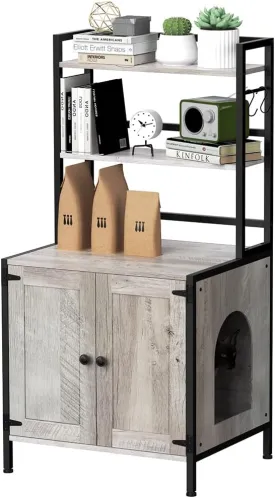 Tohomeor Litter Box Enclosure with Shelves and Doors Vintage Wooden Hidden Cat Litter Box Furniture Industrial Indoor Cat House Washroom Pet Crate Storage Cabinet (Grey)