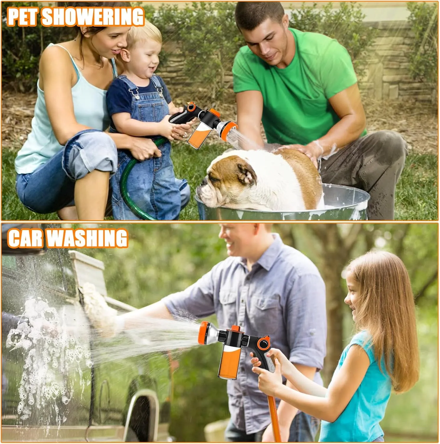 Upgrade Dog Washing Hose Attachment, 8 Spray Patterns Dog Wash with 3.5oz 100cc Soap Dispenser, Dog Washing Gloves, Dog Bath Brush, Suitable for Watering Plant, Patio, Cleaning, Showering Pet