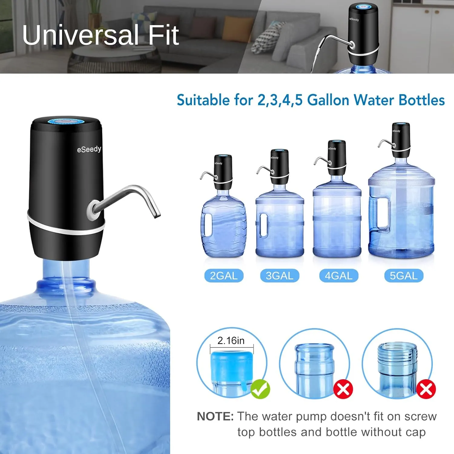 Water Pump for 5 Gallon Bottle, USB Charging Automatic Water Dispenser with Rechargeable Battery, Portable Electric Drinking Water Jug Pump for Home, Kitchen, Living Room, Office, Camping - Black