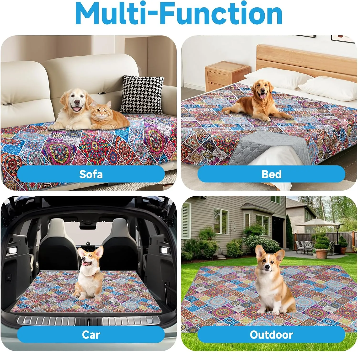 Waterproof Dog Blanket, Bohemian Dog Bed Cover Pet Blanket, Reversible Sofa Couch Cover for Dogs Washable, Protect Furniture Bed Couch Sofa for Puppy Cat (Colorful Medallion, 5282 Inch)
