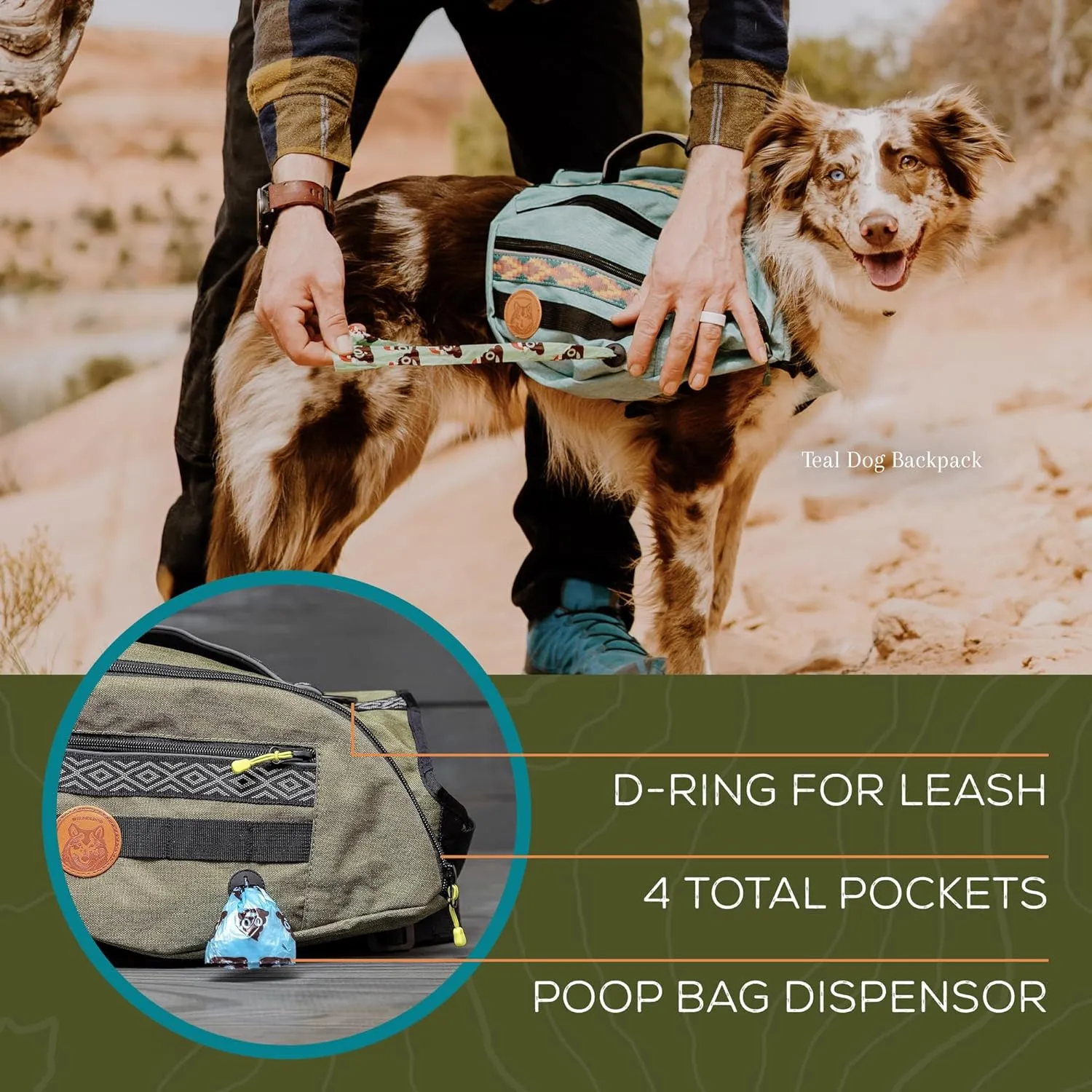 Wilderdog Dog Backpack with Built in Harness and Back-Mounted D-Ring Leash Attachment, Handle, Two Saddlebags with 4 Total Pockets, Built in Poop Bag Dispenser (Pacific Blue, Large)