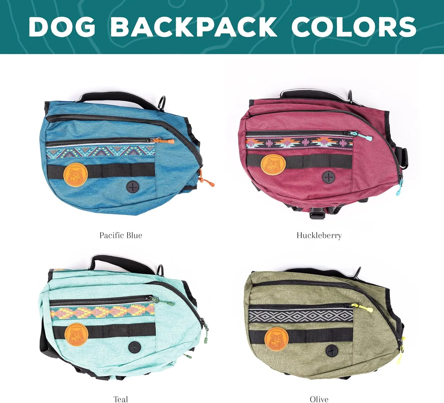 Wilderdog Dog Backpack with Built in Harness and Back-Mounted D-Ring Leash Attachment, Handle, Two Saddlebags with 4 Total Pockets, Built in Poop Bag Dispenser (Pacific Blue, Large)