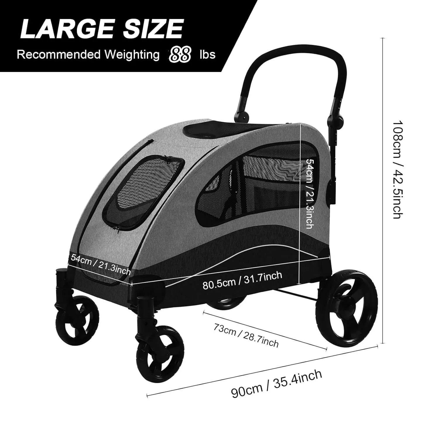 XL Extra Large Dog Stroller, All-Terrain 4 Wheel for 2 Medium Dogs, One-Click Foldable, Adjustable Handles, Dual Entry Safety Dog Stroller, Capacity 88lbs (Gray)