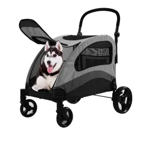 XL Extra Large Dog Stroller, All-Terrain 4 Wheel for 2 Medium Dogs, One-Click Foldable, Adjustable Handles, Dual Entry Safety Dog Stroller, Capacity 88lbs (Gray)